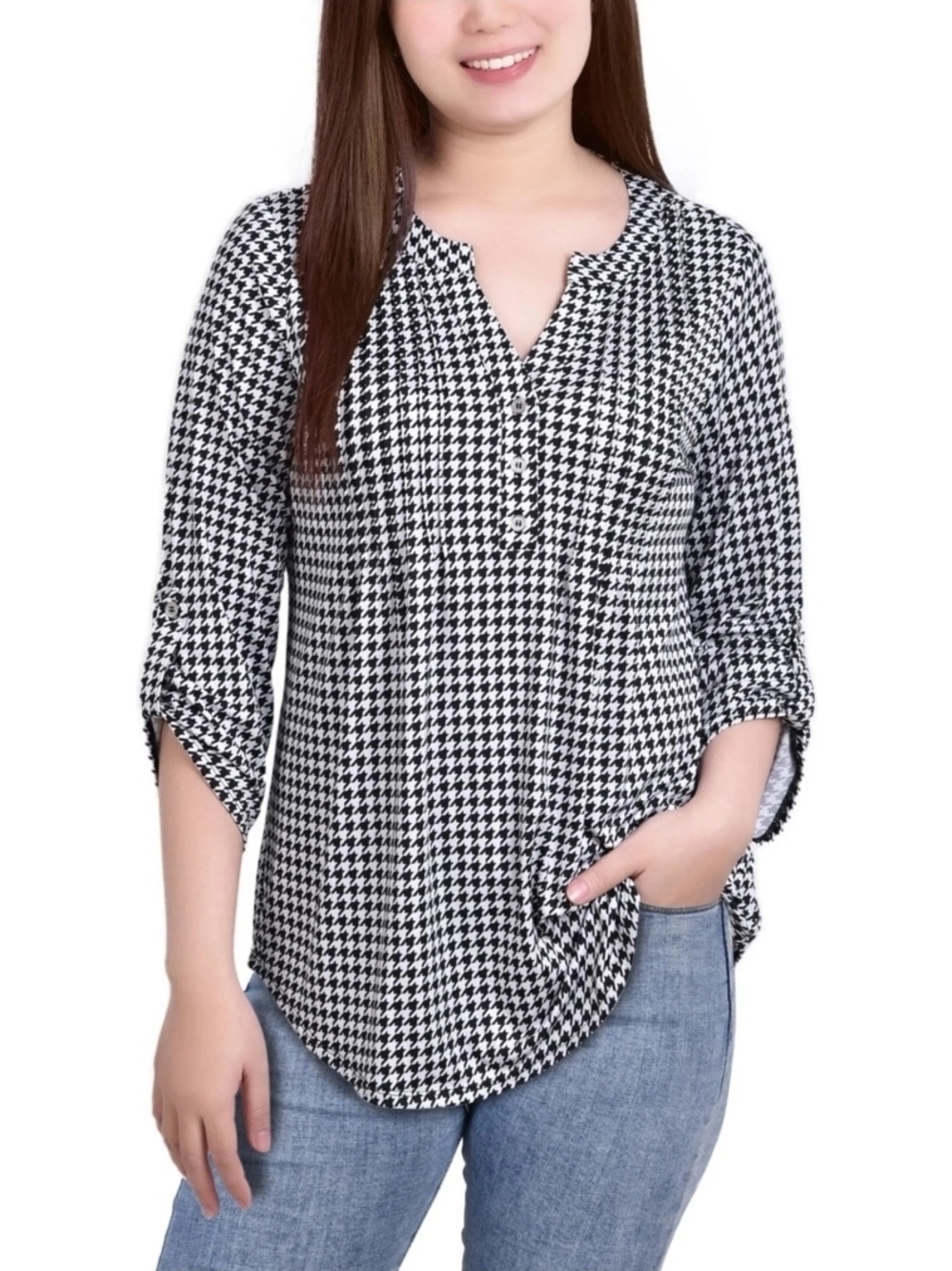 NY Collection Womens Printed Pintuck Henley Shirt, White, Blouse